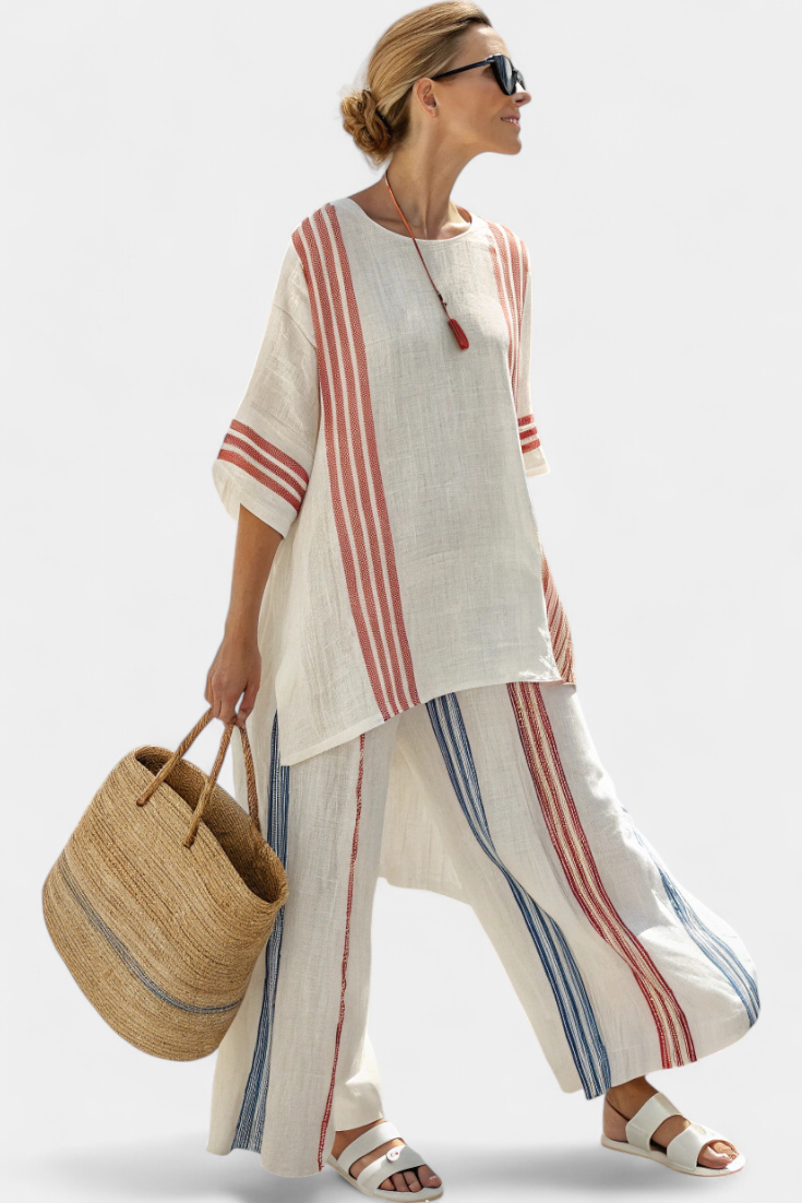 COSETTE| Sophisticated Multicolor Striped Top & Mediterranean Pants
