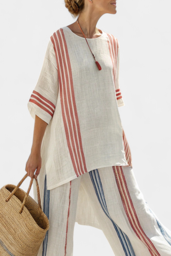 COSETTE| Sophisticated Multicolor Striped Top & Mediterranean Pants