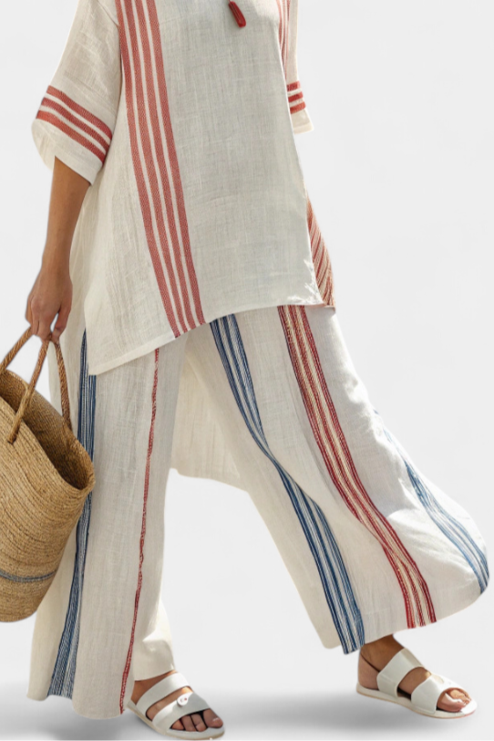 COSETTE| Sophisticated Multicolor Striped Top & Mediterranean Pants