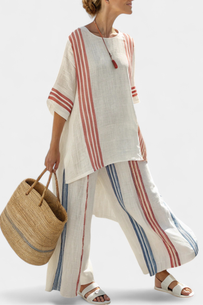 COSETTE| Sophisticated Multicolor Striped Top & Mediterranean Pants