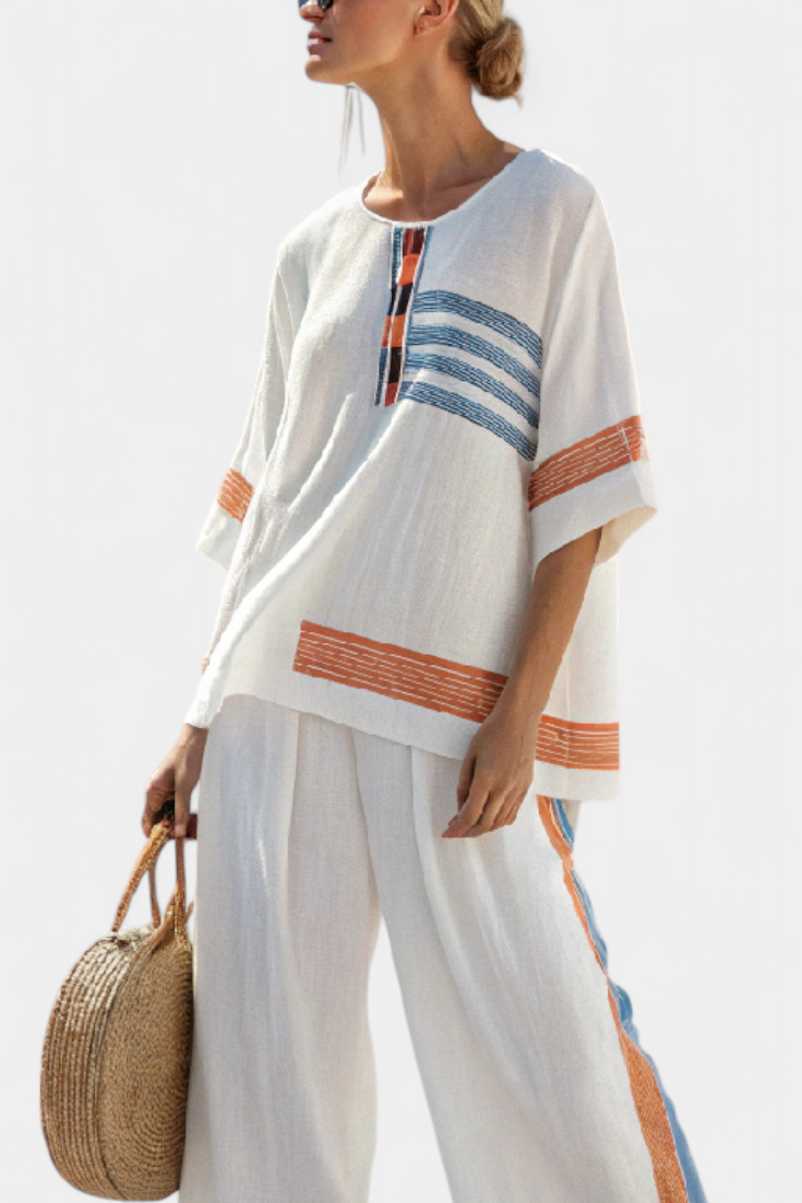 ALBA| Sophisticated Blue-Orange Striped Top & Pants