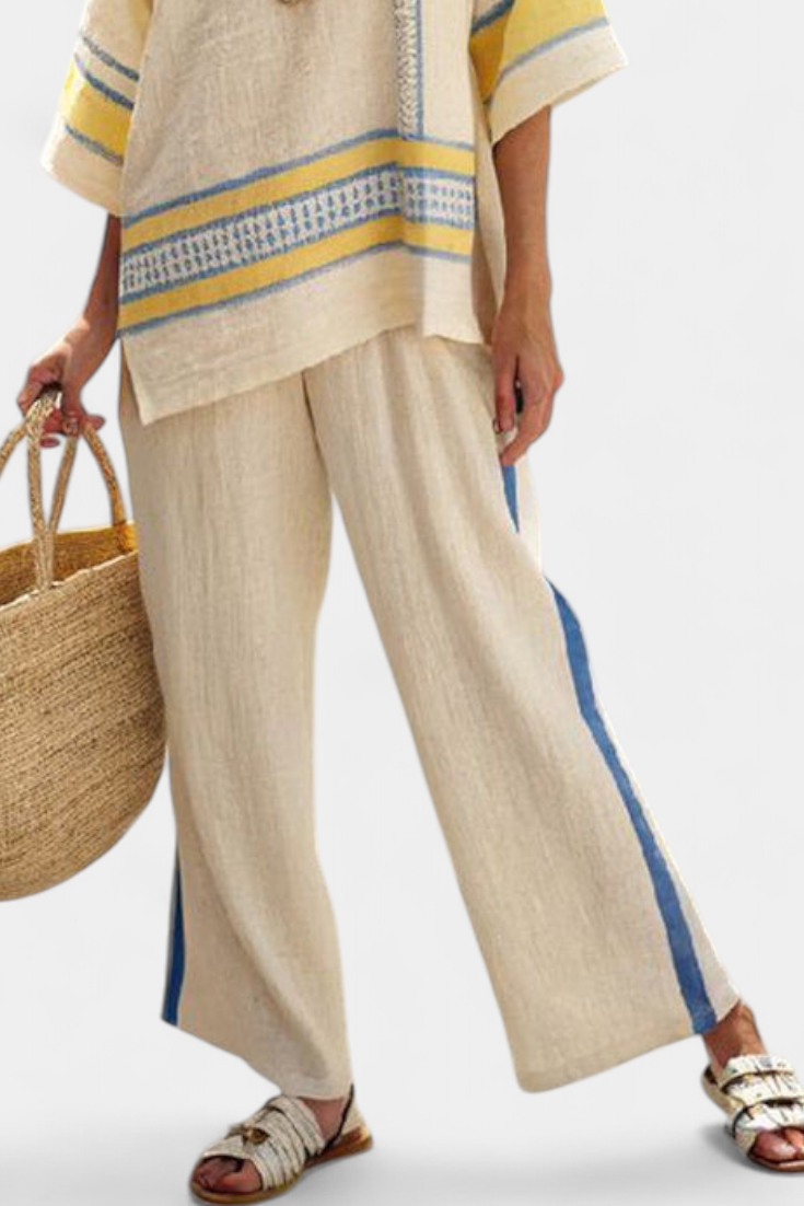 PIPPA| Comfortable Blue-Yellow Mediterranean Top & Pants