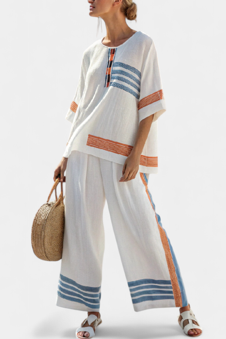 ALBA| Sophisticated Blue-Orange Striped Top & Pants