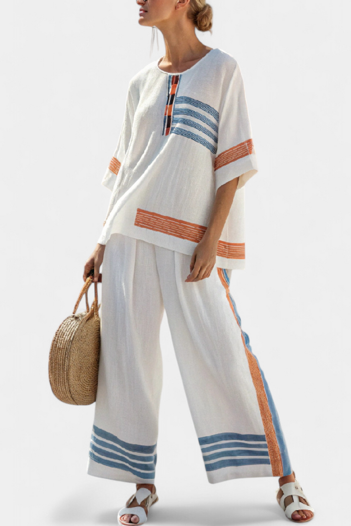 ALBA| Sophisticated Blue-Orange Striped Top & Pants