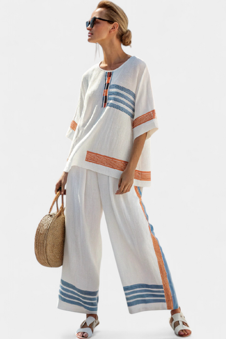 ALBA| Sophisticated Blue-Orange Striped Top & Pants