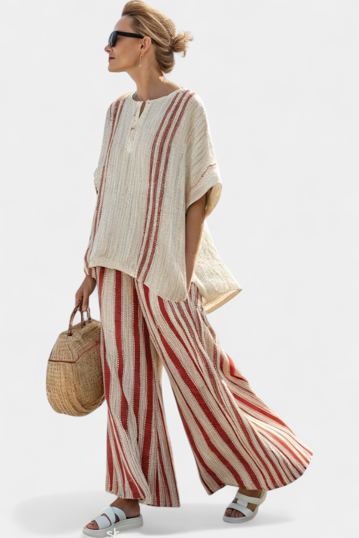 INES| Sophisticated Textured Red-Stripe Top & Pants